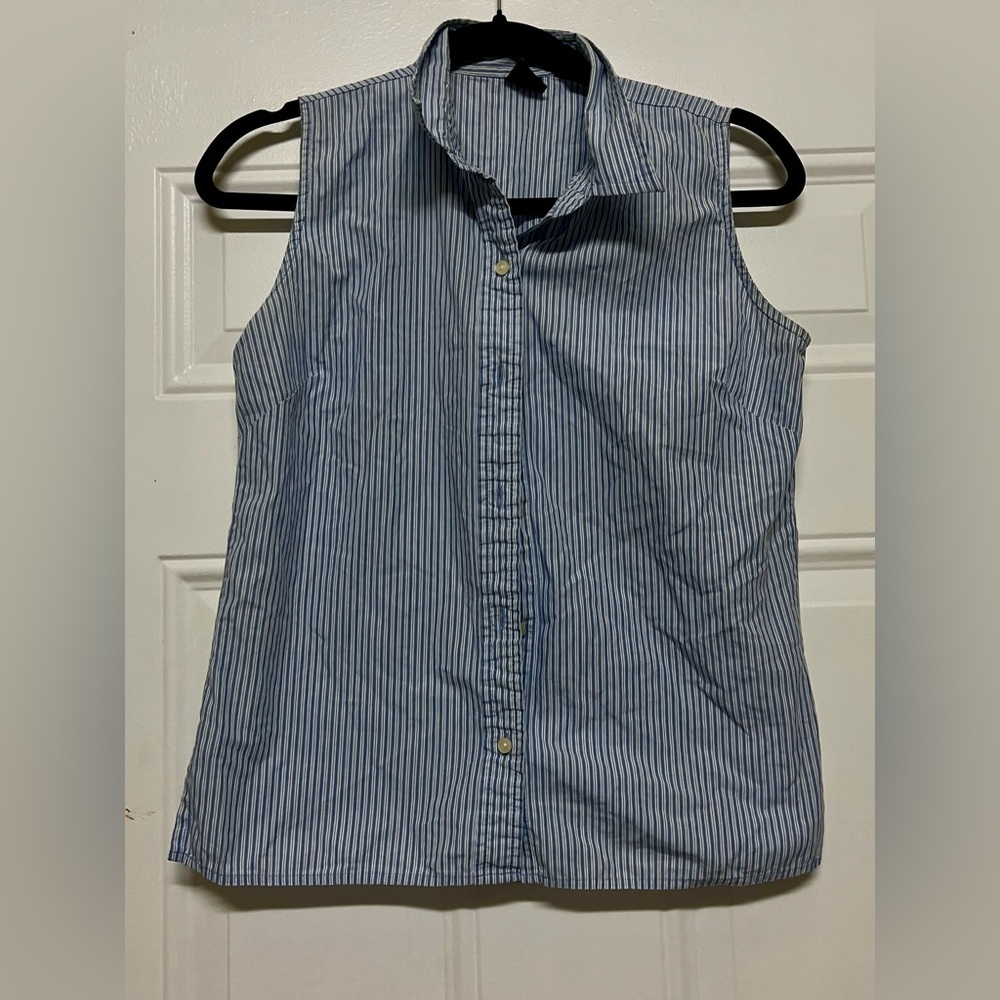 Sleeveless Blue and White Stripe Button-Up Shirt